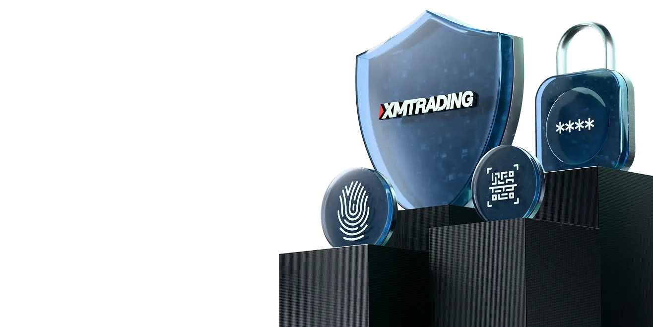 Graphic showing a blue shield with the XMTrading logo, alongside icons of a fingerprint, QR code, and padlock, symbolizing security and data protection