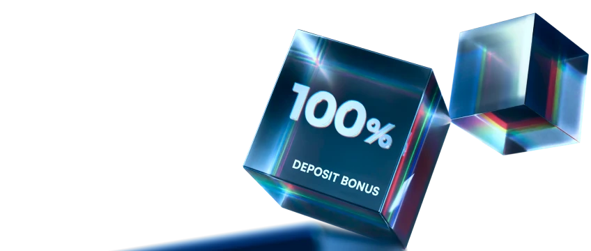 XMTrading 100% deposit bonus visualized as a 3D glass cube, highlighting the opportunity to double your trading funds.