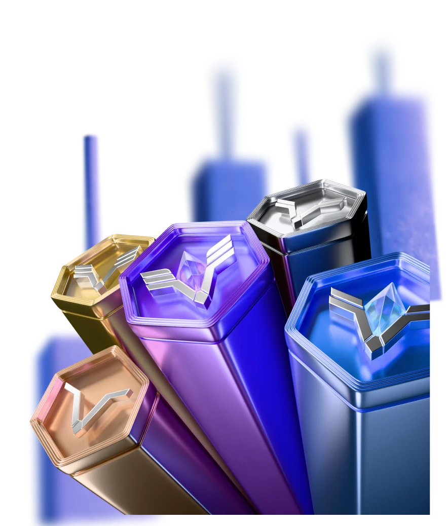 Promotional banner with colorful digital tokens representing XMTrading Loyalty Program tiers.