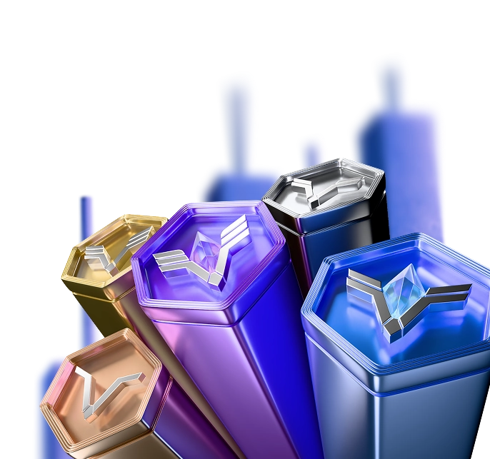 Promotional banner with colorful digital tokens representing XMTrading Loyalty Program tiers.