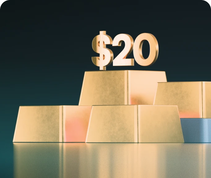 XMTrading unlimited commissions showing $20 payouts symbolised by gold bars and large $20 figure