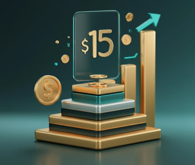 XMTrading unlimited commissions showing $15 payouts symbolised by gold bars and large $15 figure