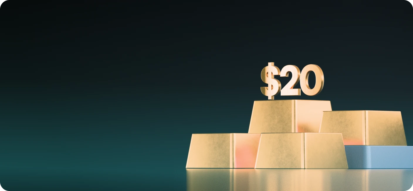 XMTrading unlimited commissions showing $20 payouts symbolised by gold bars and large $20 figure