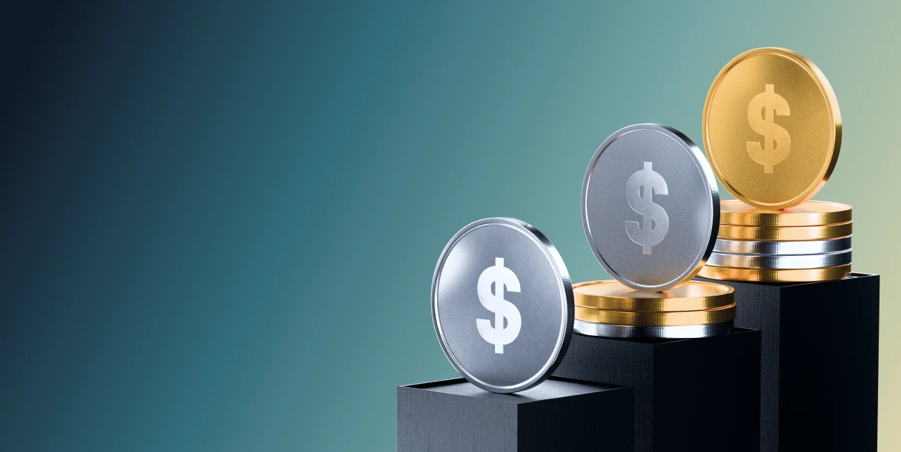 XMTrading 10% sub-affiliate commissions represented by stacked gold and silver coins on podiums