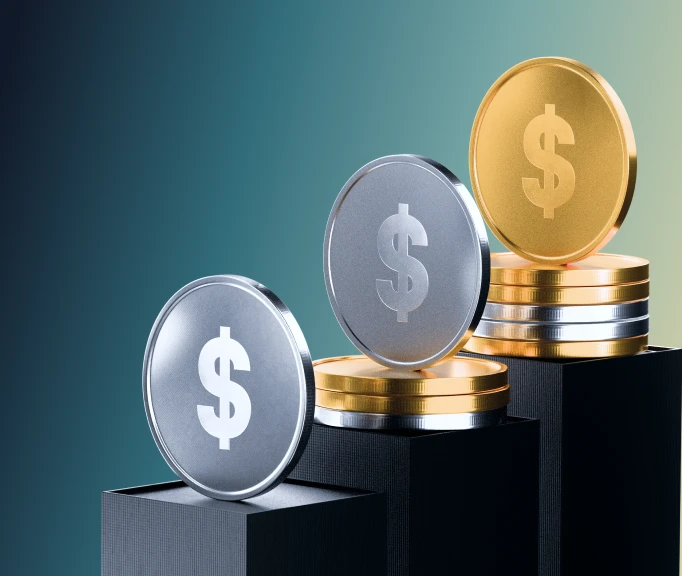 XMTrading 10% sub-affiliate commissions represented by stacked gold and silver coins on podiums