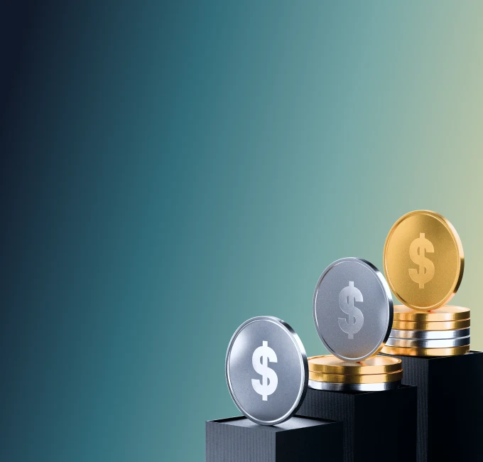 XMTrading 10% sub-affiliate commissions represented by stacked gold and silver coins on podiums