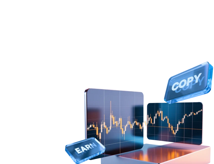 XMTrading copy trading shown with trading charts and a floating COPY icon representing shared strategies