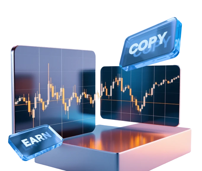 XMTrading copy trading shown with trading charts and a floating COPY icon representing shared strategies