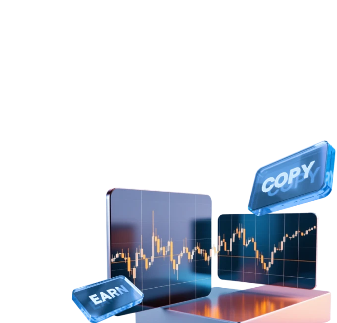 XMTrading copy trading shown with trading charts and a floating COPY icon representing shared strategies