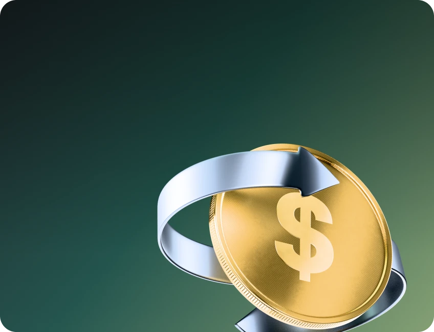 XMTrading cashback rebate concept with a gold dollar coin wrapped by a silver ribbon representing returned commission