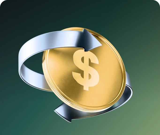 XMTrading cashback rebate concept with a gold dollar coin wrapped by a silver ribbon representing returned commission