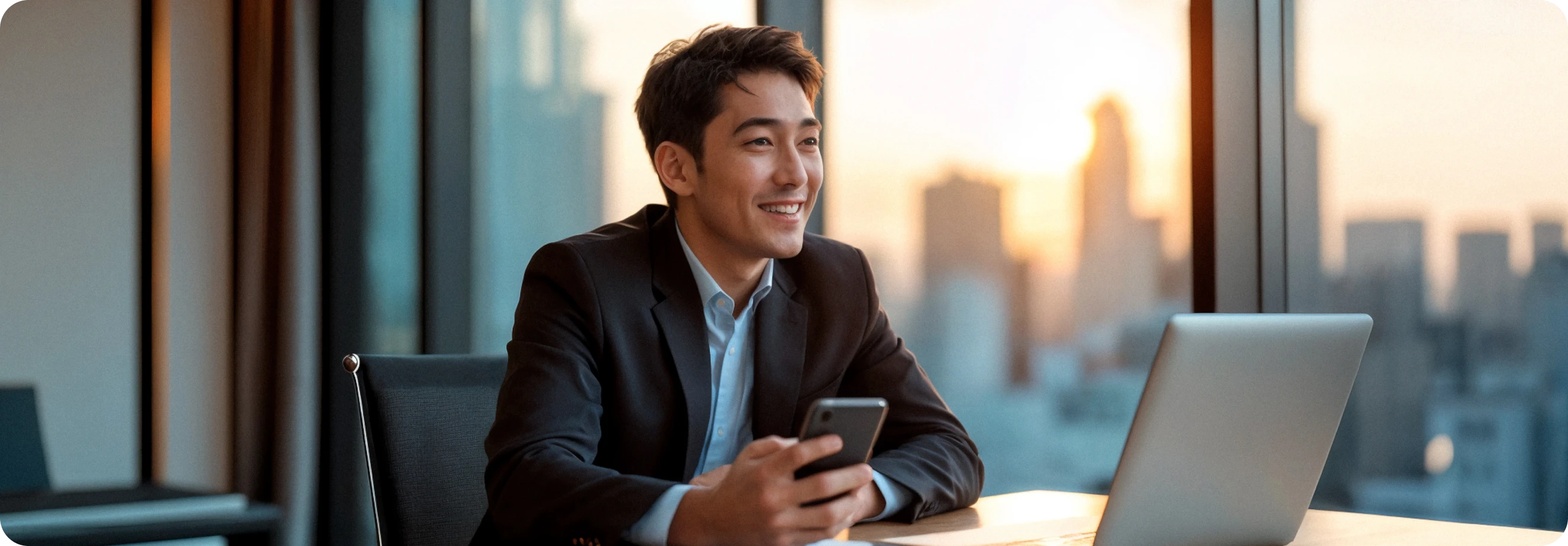 Smiling man in a suit sitting at a desk with a laptop, holding a smartphone, with a city skyline at sunset in the background.