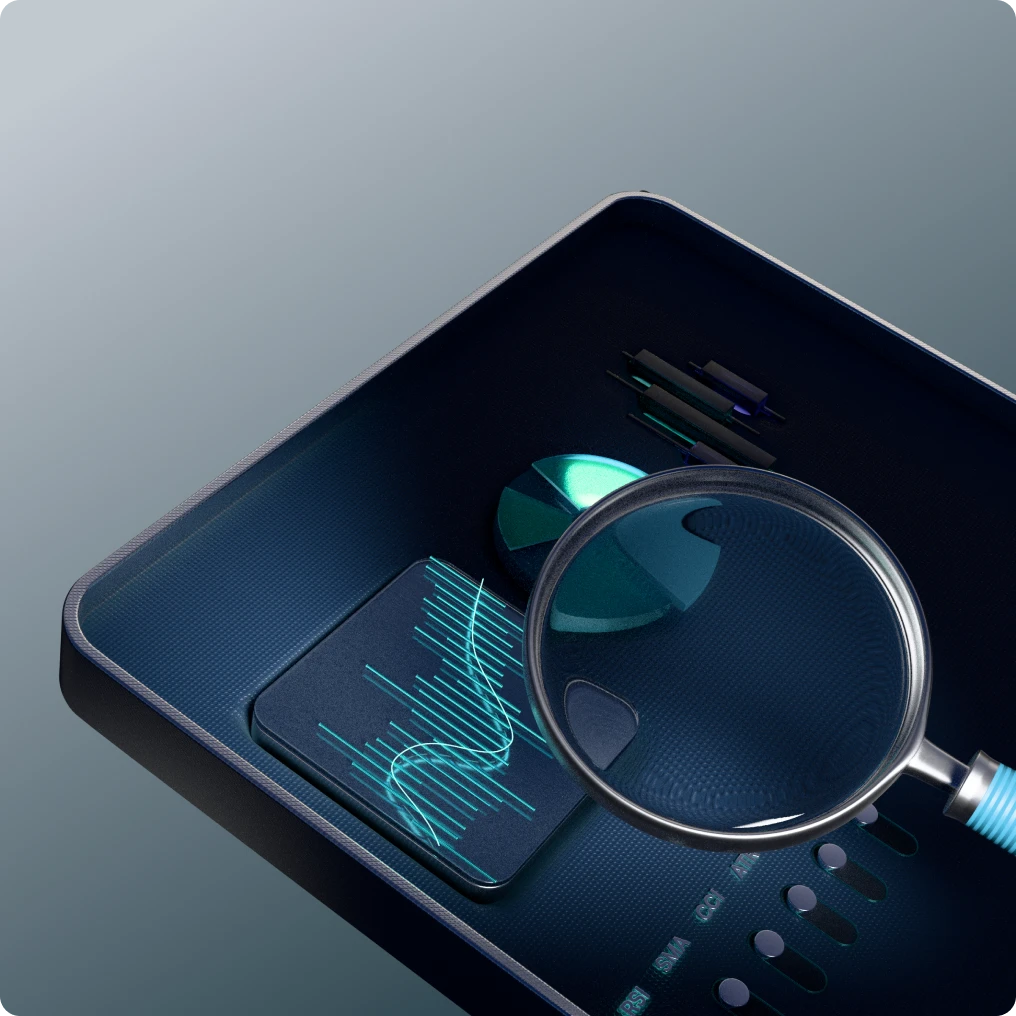 3D illustration fo market graphs representing tracking and reporting features XMTrading offers through Affiliate platform