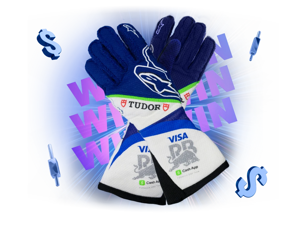 3D image of racing gloves with glowing dollar icons representing XMTrading’s limited-time promotions, prizes, and seasonal trading rewards.