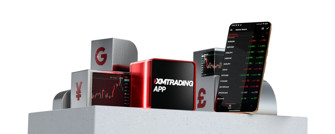 3D illustration of XMtrading app. Next to it, a smartphone displays the XMTrading market watch interface with live data.