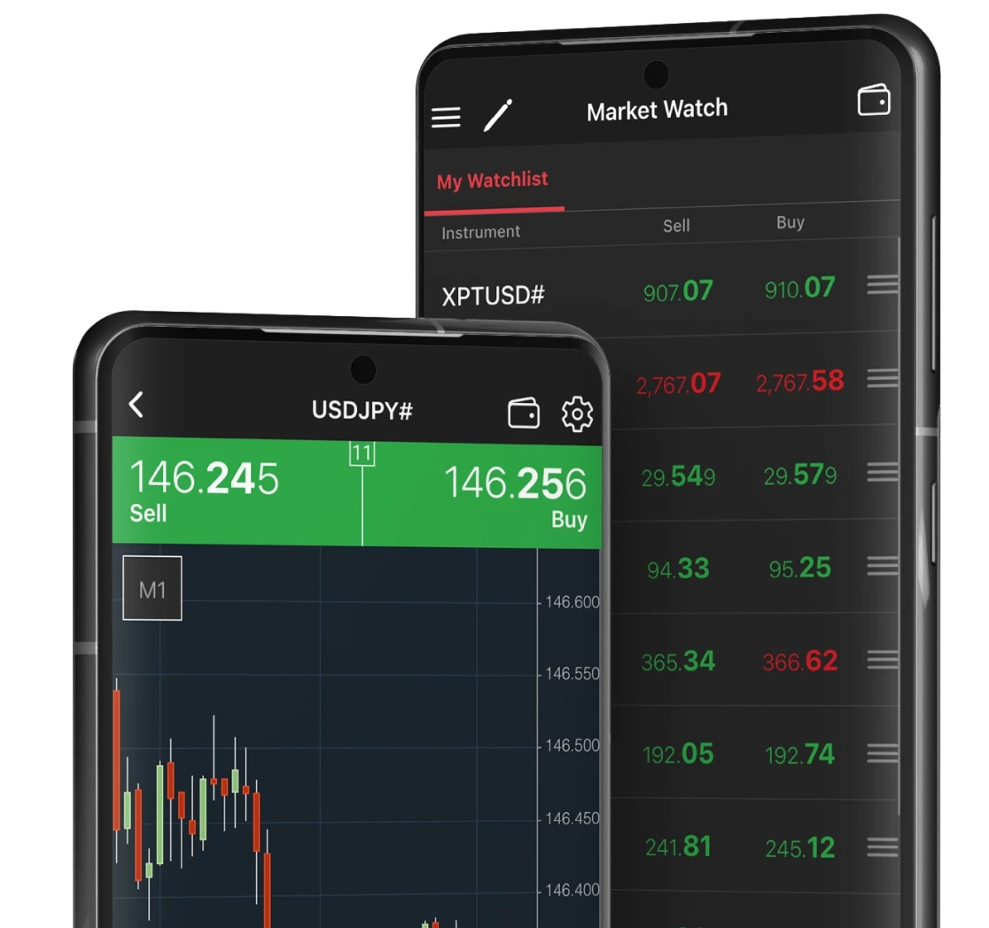Two smartphone screens displaying the XMTrading app interface showing candlestick charts and Market Watch list.