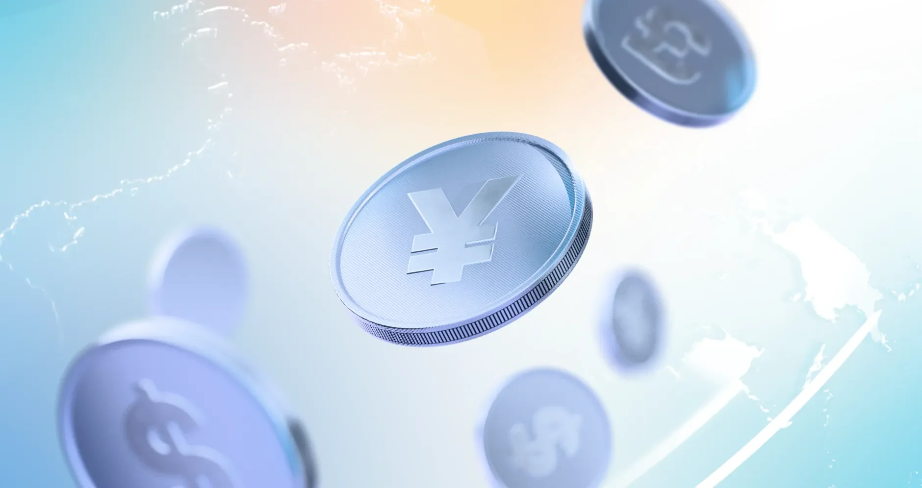 Floating silver coins with currency symbols overlap on a teal background featuring candlestick chart shapes.