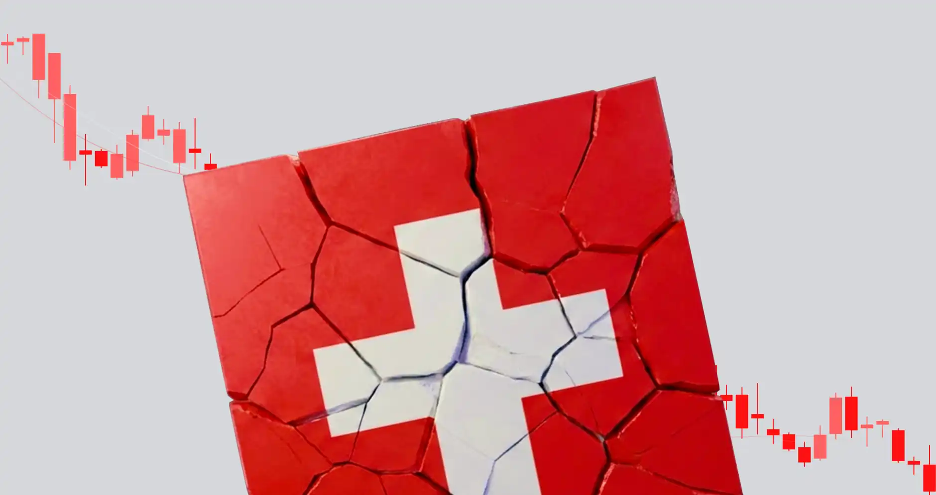 Graphic showing the swiss flag broken with red charts in the background