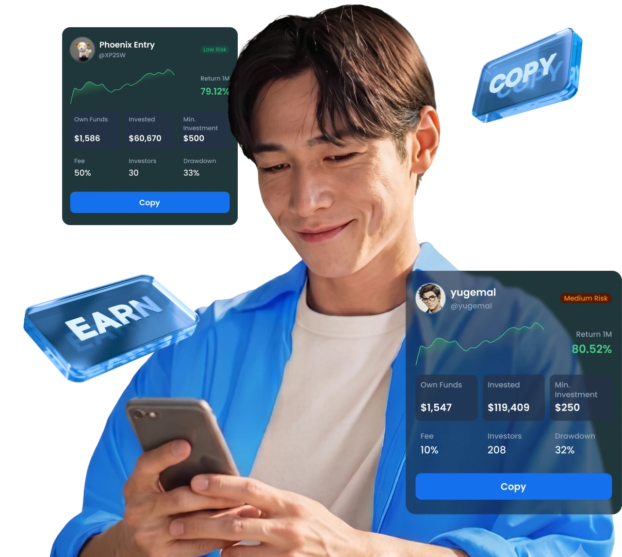 Trader holding smartphone, expressing happiness in trading with copy trading.