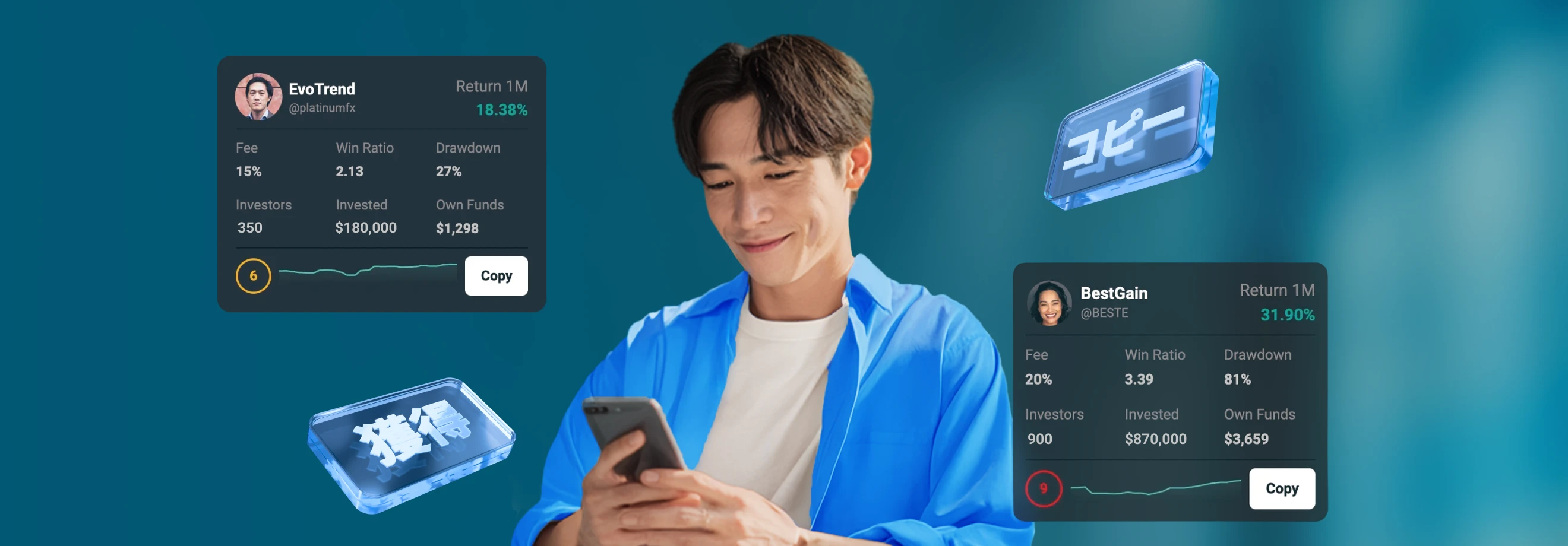 Man using his smartphone to copy trading strategies with the XMTrading Copy Trading feature.