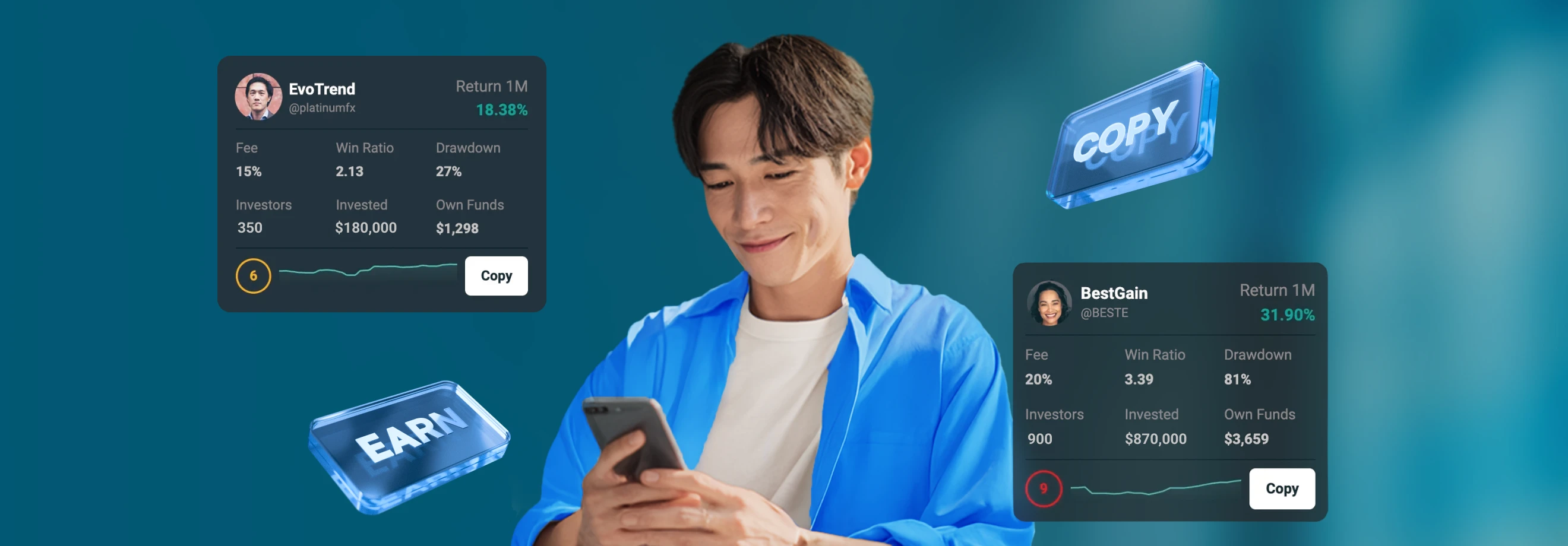 Man using his smartphone to copy trading strategies with the XMTrading Copy Trading feature.
