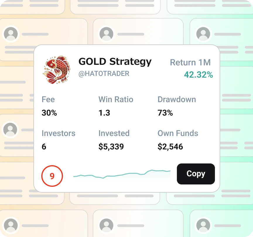 Trading strategy card with multiple copy traders following it representing unlimited followers and expanding reach.