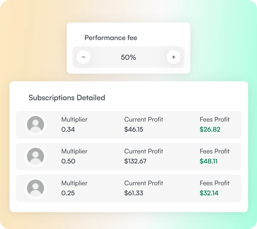 Strategy manager user interface cards showcasing subscription details and profit shares up to 50%