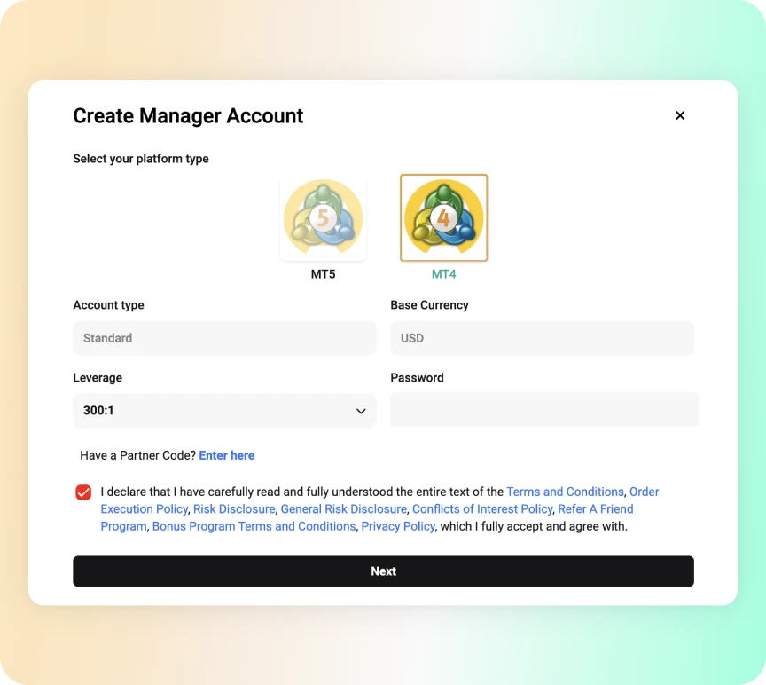 Strategy manager account creation modal