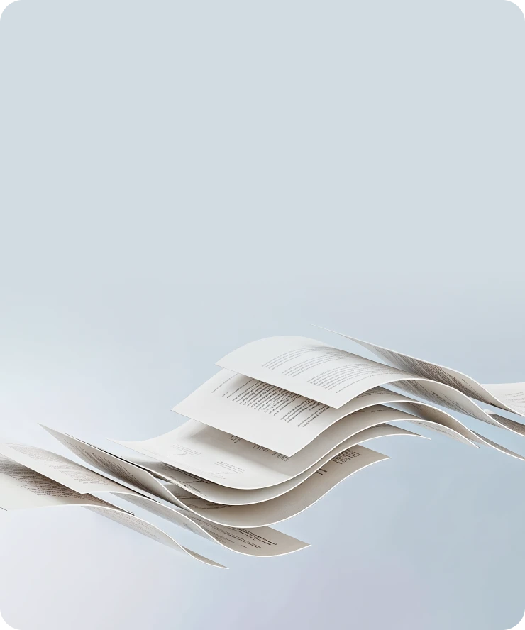 Floating blog pages representing market insights and trading education articles.