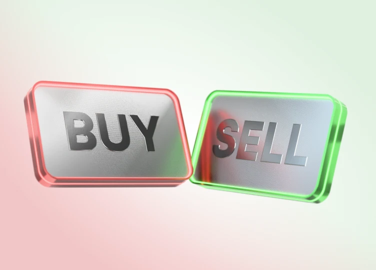 3D “Buy” and “Sell” buttons in green and red, representing XMTrading Chapter 4: Trade with Excellence.