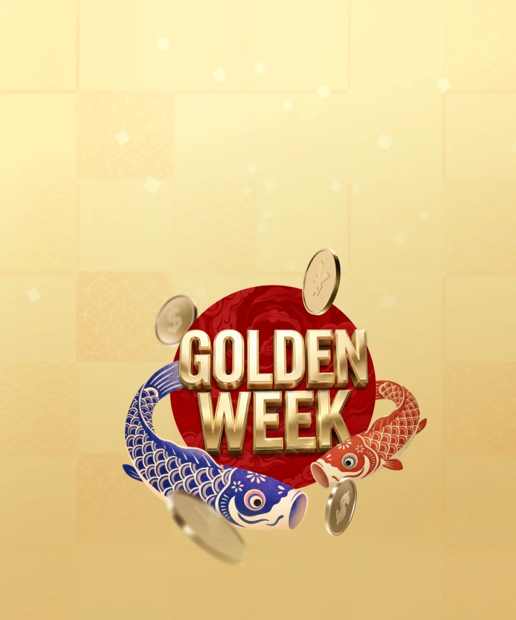 Golden Week promotion graphic with red sun, two koi fish circling and floating gold coins.