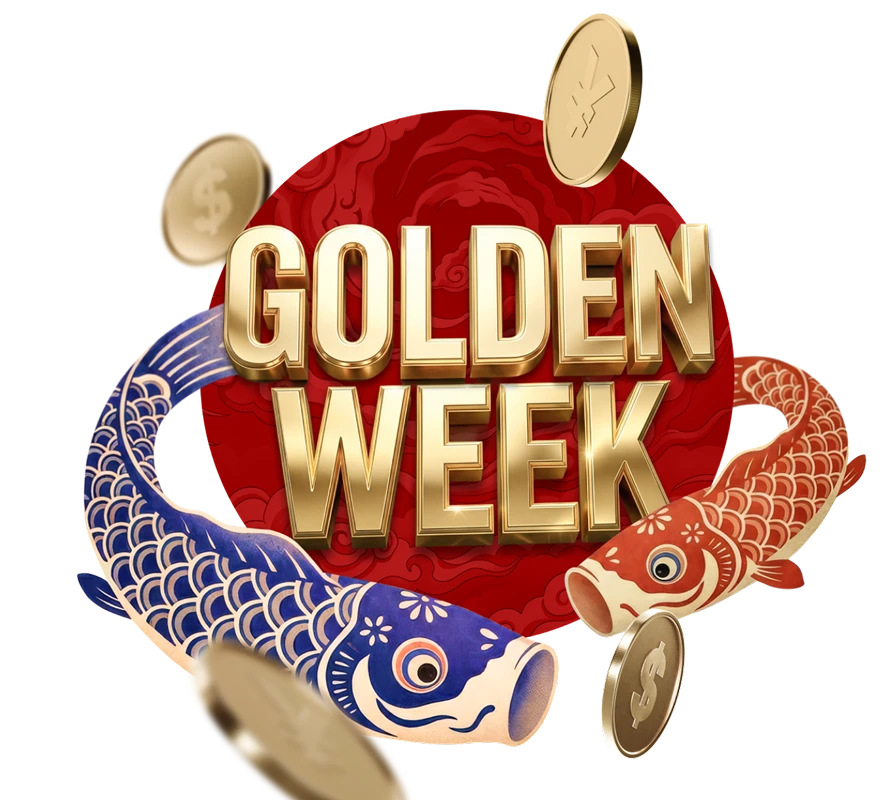 Golden Week promotion graphic with red sun, two koi fish circling and floating gold coins.