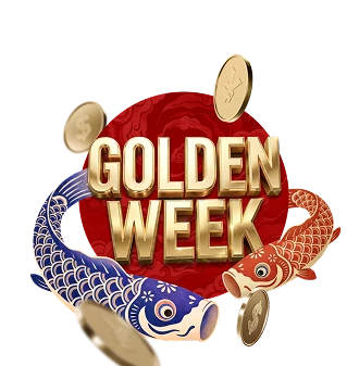 Golden Week promotion graphic with red sun, two koi fish circling and floating gold coins.