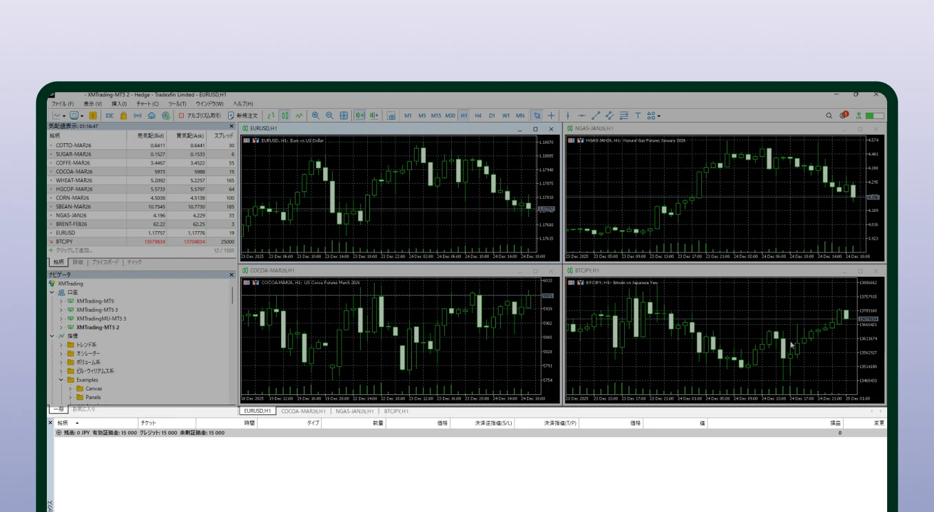 XMTrading web platform: candlestick chart of CHF/SGD, market watch list & open trade positions visible.