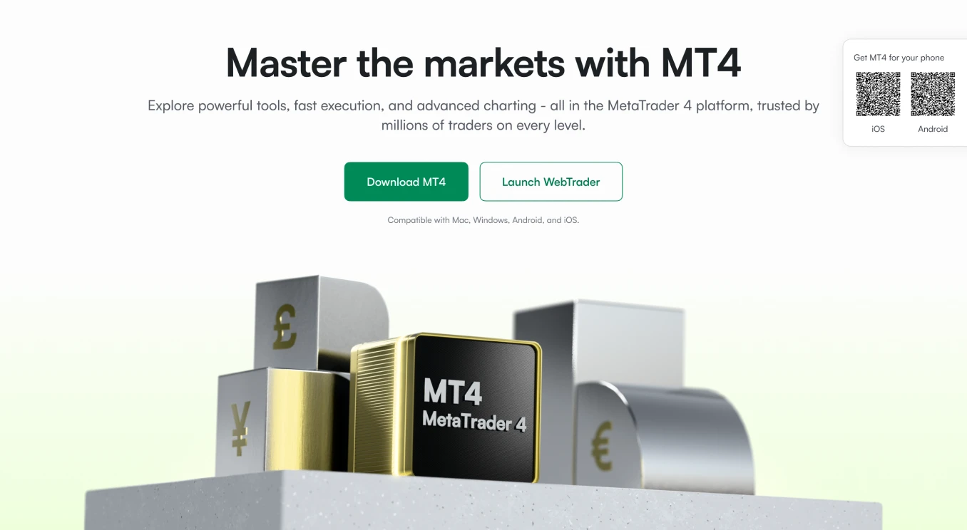 MT4 promotional section: headline, call-to-action buttons & visual of MT4 logo with currency symbols.