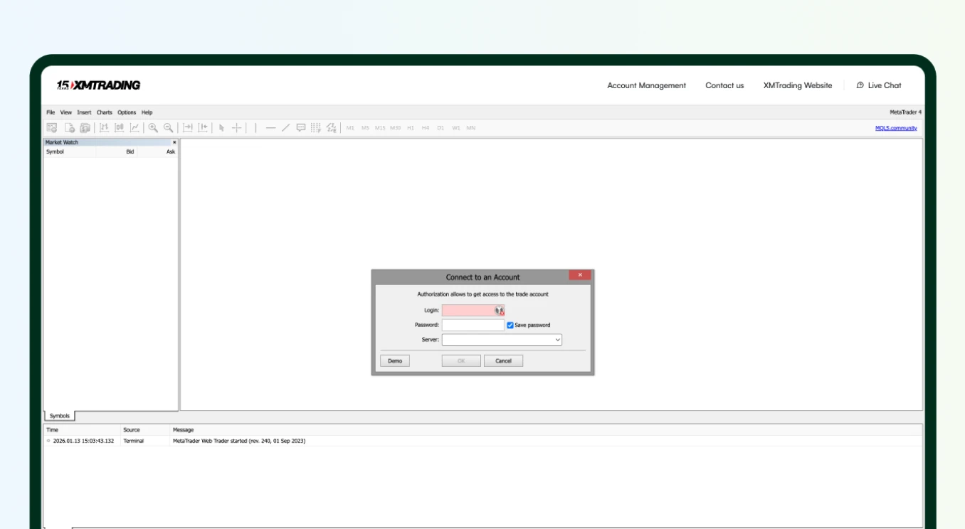 XMTrading MetaTrader 4 interface with a login dialog prompting the user to connect to a trading account