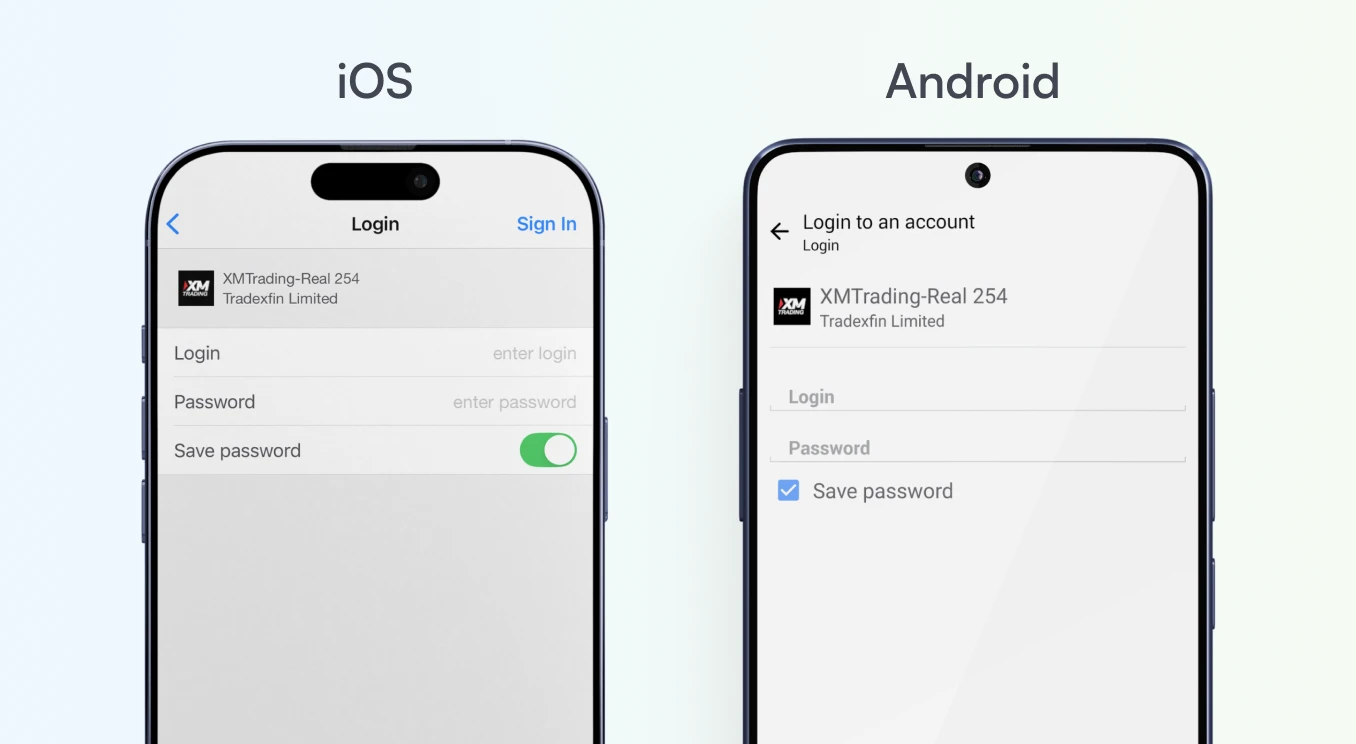 XMTrading mobile app login screens: iOS (left) vs Android (right) with login, password fields and save password options.