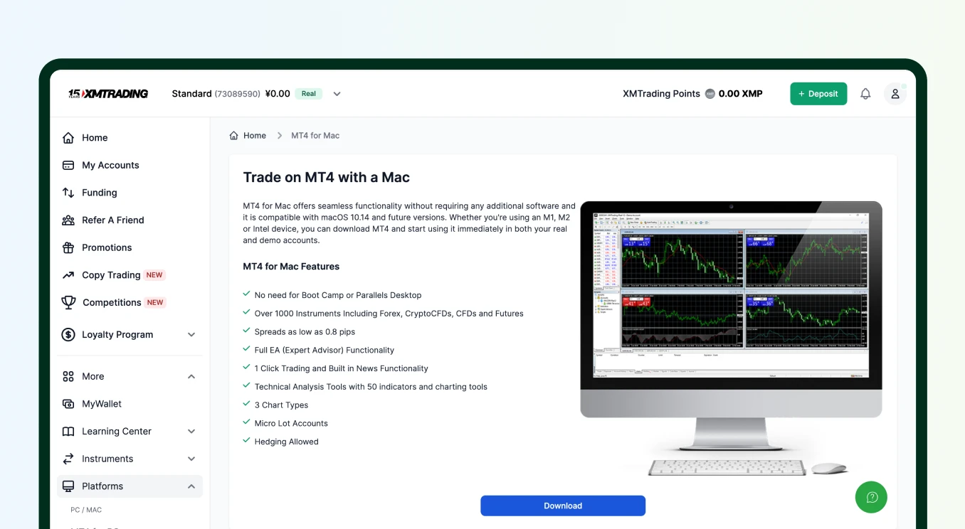 XMTrading page: ‘Trade on MT4 with a Mac’ section with screenshot of MT4 platform on Mac showing multiple charts.