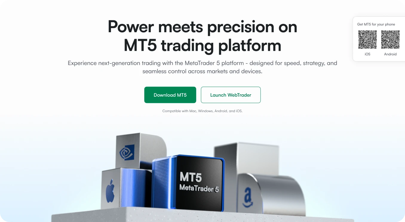 MT5 promotional section: headline, call-to-action buttons & visual of MT5 logo among platform and service icons.