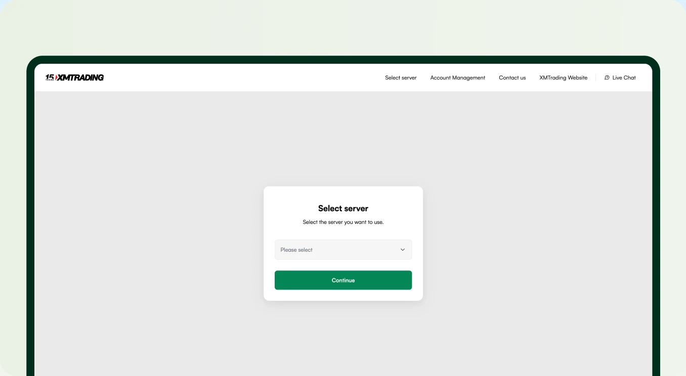 XMTrading MetaTrader interface showing a ‘Select Server’ dialog with a dropdown menu and a Continue button