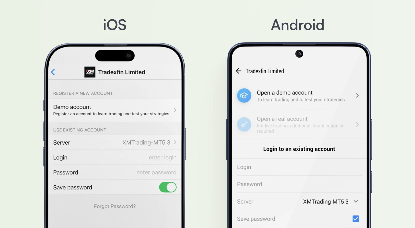 Side-by-side XMTrading mobile app account screens: iOS & Android showing open demo account and log in options.