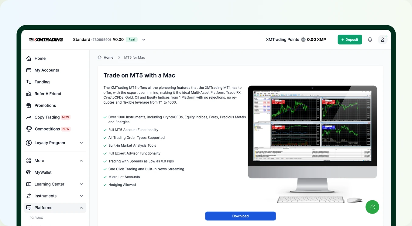 XMTrading page: ‘Trade on MT5 with a Mac’ section with feature list & screenshot of MT5 platform on Mac computer.
