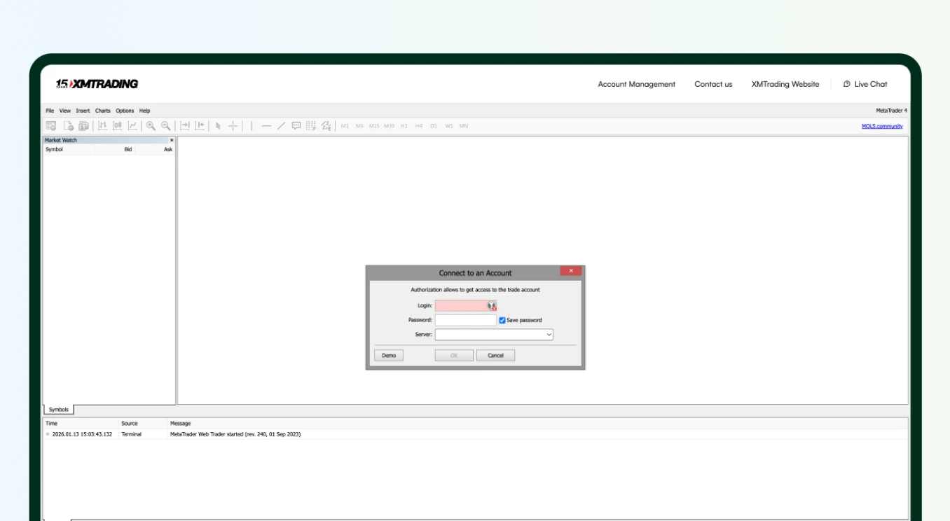 XMTrading MetaTrader 4 web platform showing a login dialog to connect to a trading account within the trading interface.