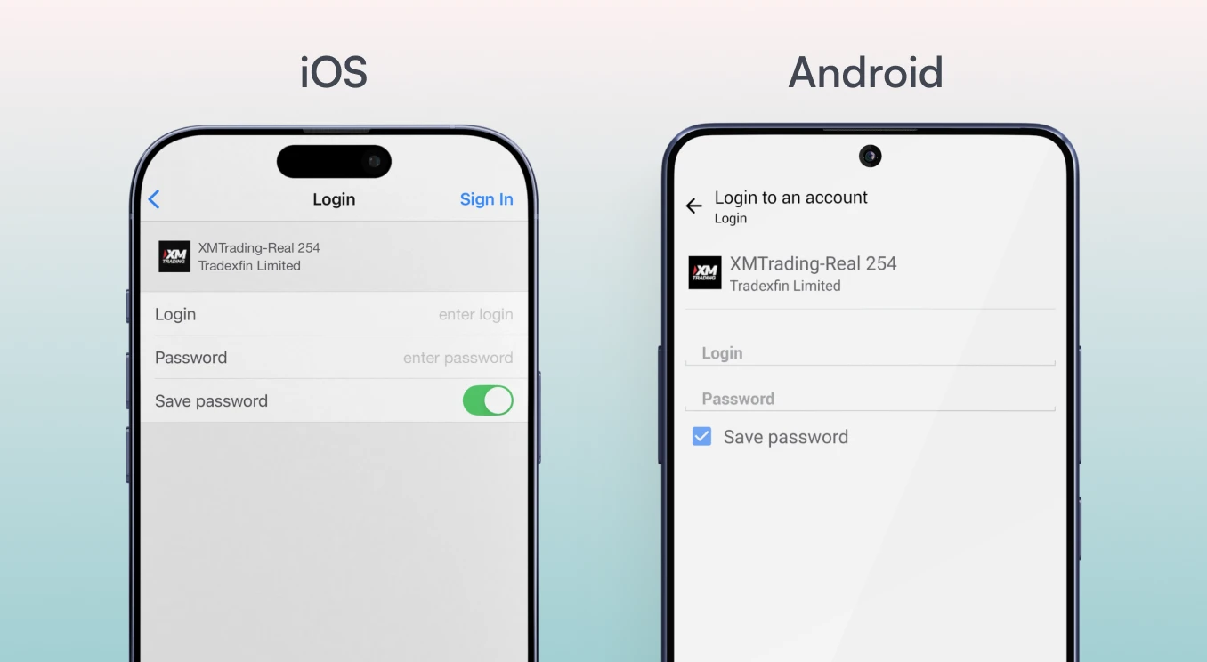 Side-by-side iOS and Android login screens for XMTrading app, showing login, password fields, and save password option.