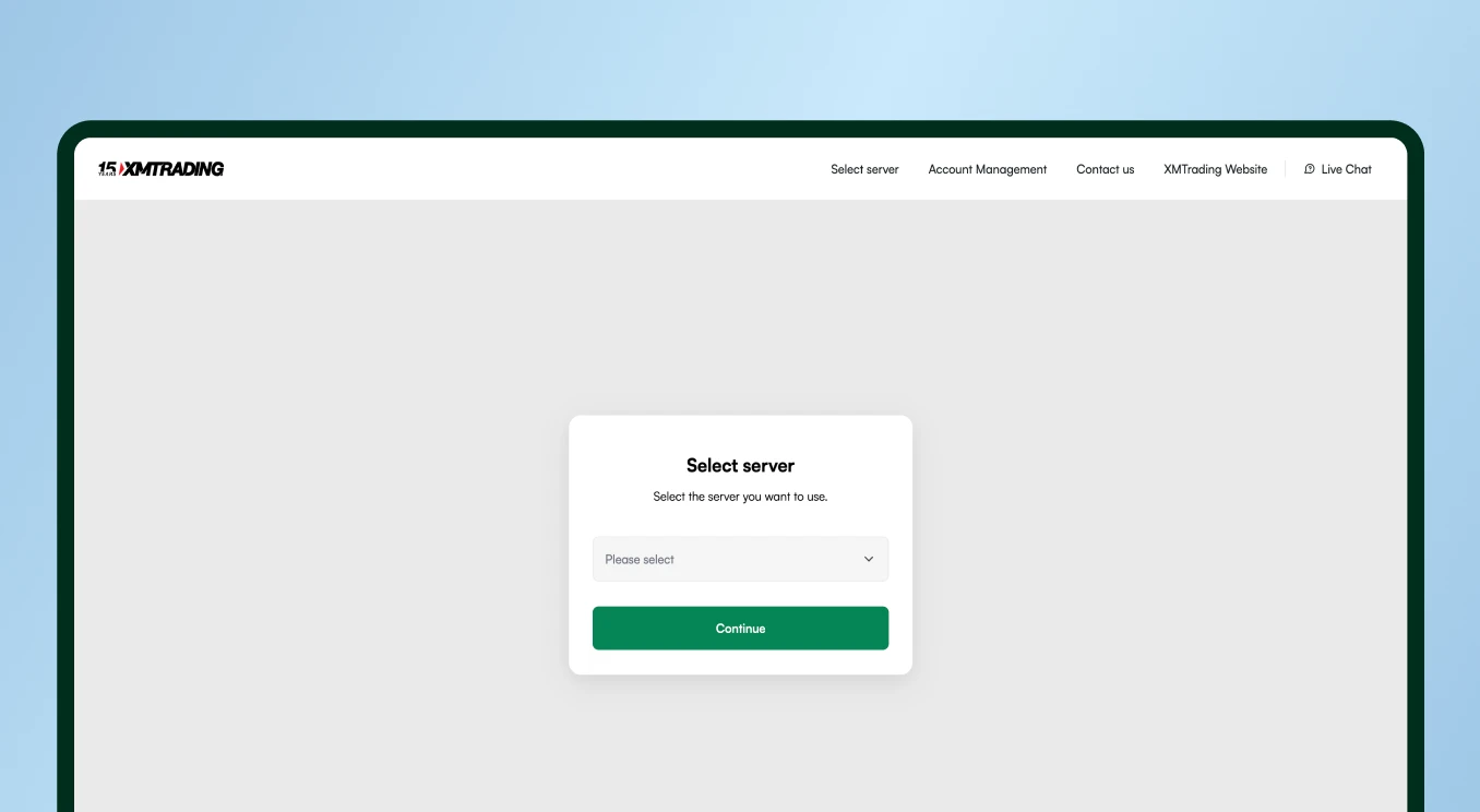 XMTrading web interface showing a select server screen with dropdown menu and Continue button centered on the page.