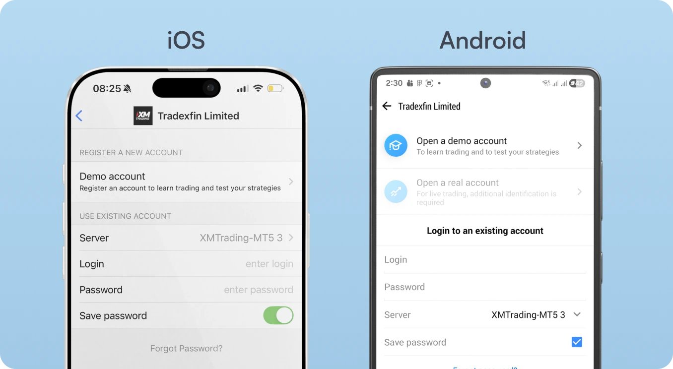 Comparison of XMTrading mobile login screens: iOS & Android showing demo account access, login fields & server selection.