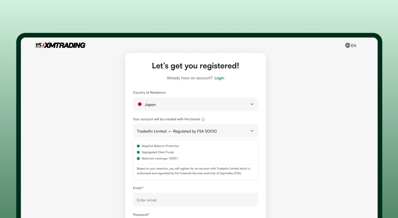 XMTrading registration page with sign-up form, country selection, brand & regulation info, and email/password fields.