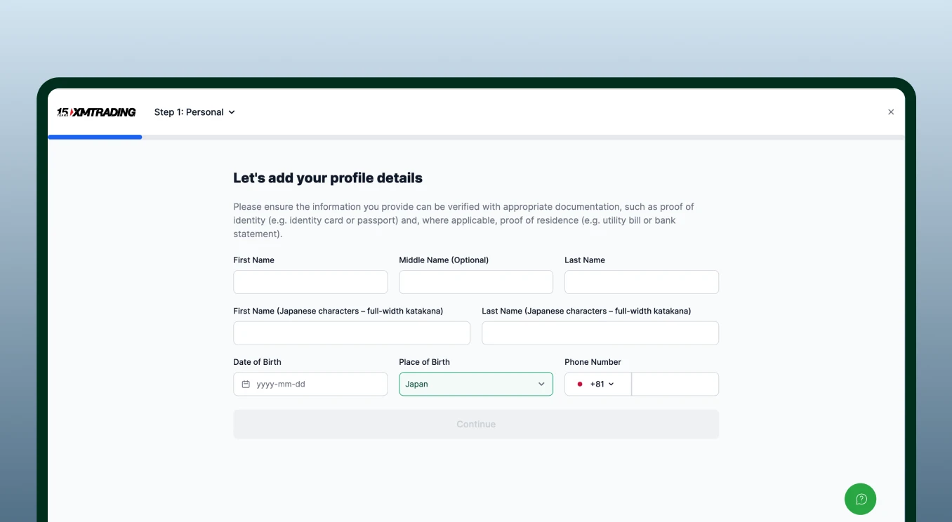 XMTrading registration form Step 1: Personal details with fields for name, DOB, place of birth, and phone number.