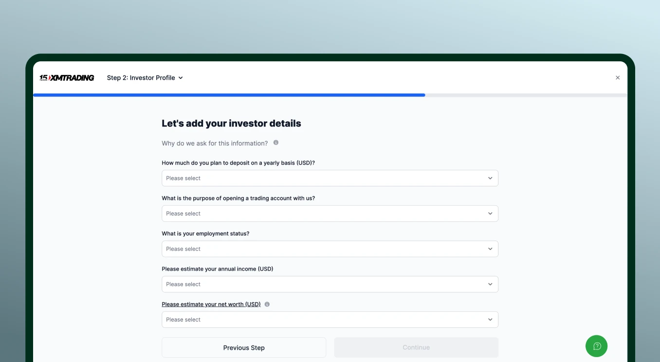 XMTrading registration Step 2: Investor profile asking deposit plans, account purpose, employment, income, and net worth.