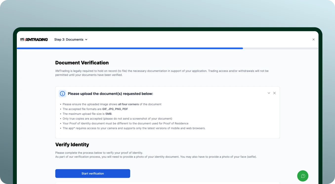 Step 3: Upload Proof of Identity & Residence (JPG/PNG/PDF/GIF, ≤5MB, all corners visible). No screenshots. Start verification button.